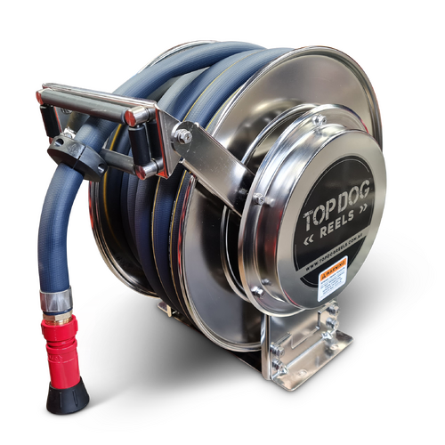 Stainless Steel Spring Rewind Hose Reel. 20M of 25mm hose.